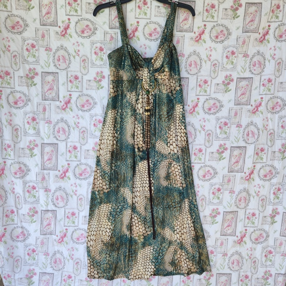 Roz & Ali Green Snakeskin Print Shimmer Maxi Dress Beaded Ring Strap Womens 10